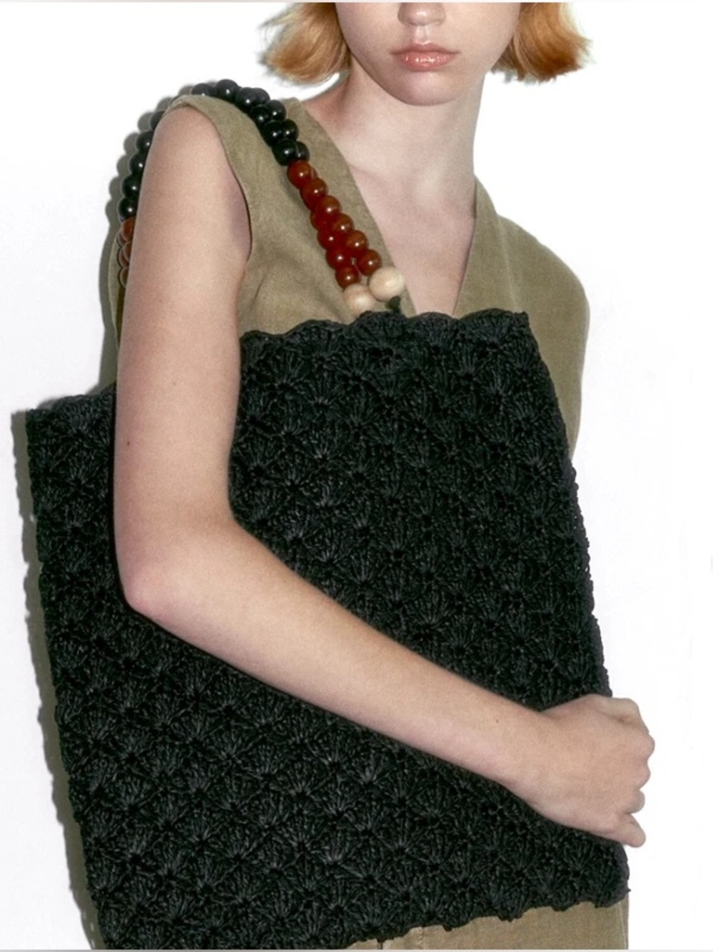 ZARA Woven Tote Bag Wood Bead Handles | NWOT